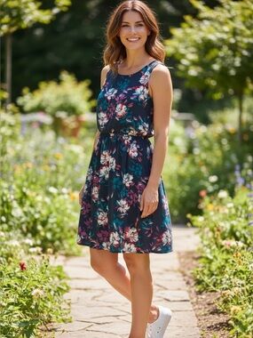 Garnet Hill Floral Cotton Dress Size 6 Sleeveless Navy Coral